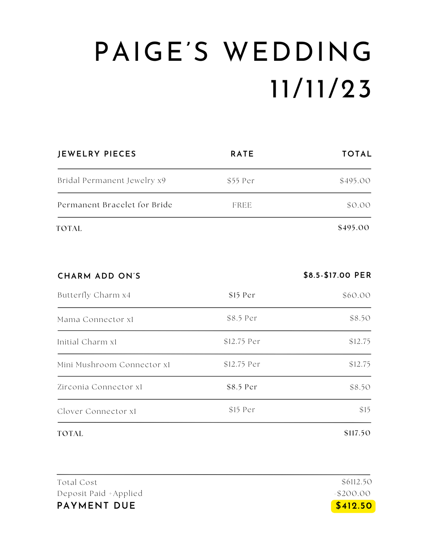 Paige's Wedding Invoice